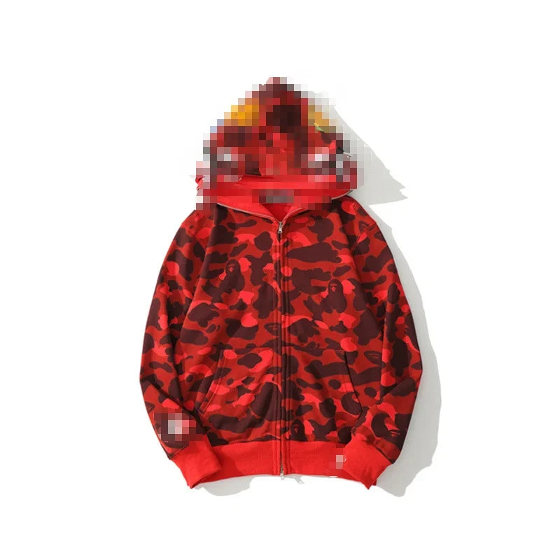 A Bathing Ape Brand - Camouflage Bape Embroidered Shark-Mouth Hoodie Zip Up