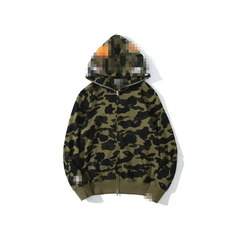A Bathing Ape Brand - Camouflage Bape Embroidered Shark-Mouth Hoodie Zip Up