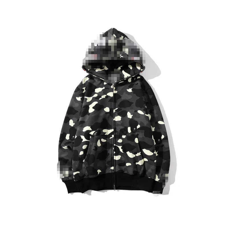 A Bathing Ape Brand - Camouflage Bape Embroidered Shark-Mouth Hoodie Zip Up
