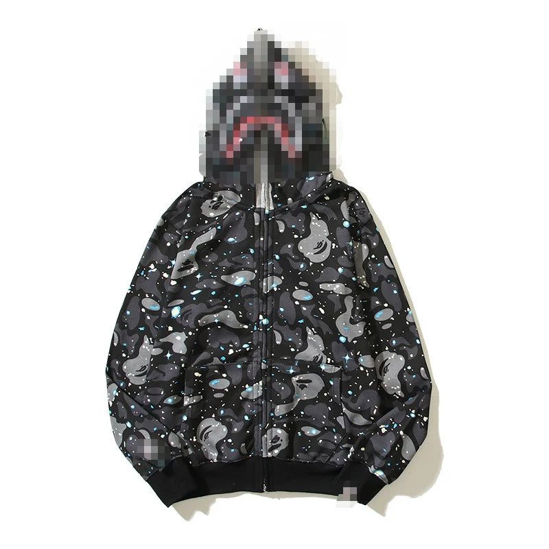 A Bathing Ape Brand - Camouflage Bape Embroidered Shark-Mouth Hoodie Zip Up