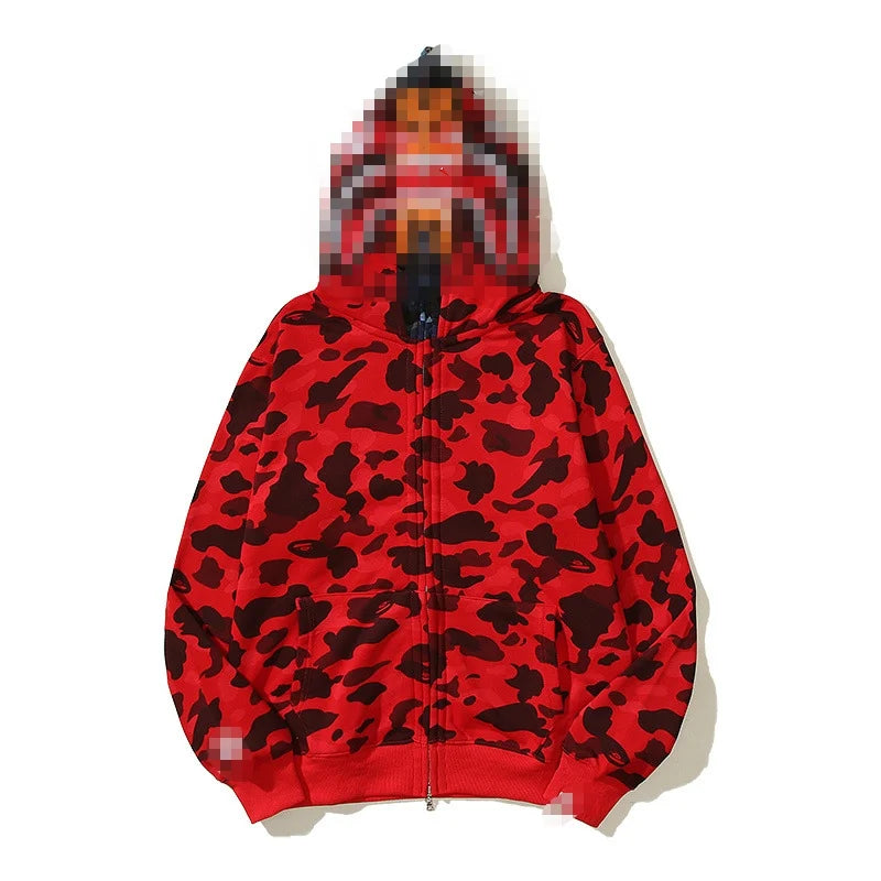 A Bathing Ape Brand - Camouflage Bape Embroidered Shark-Mouth Hoodie Zip Up