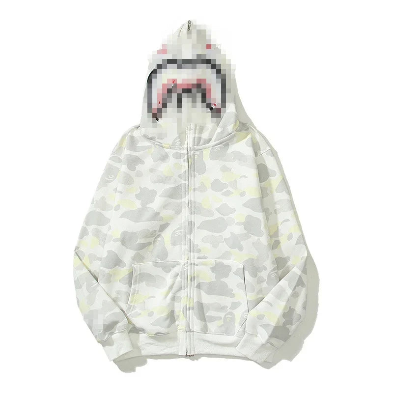 A Bathing Ape Brand - Camouflage Bape Embroidered Shark-Mouth Hoodie Zip Up