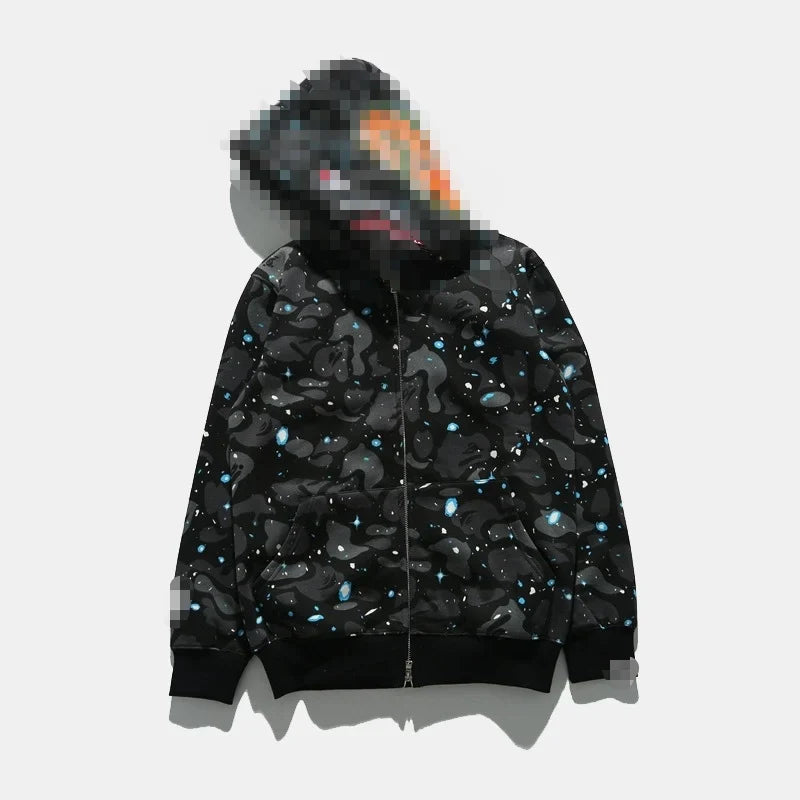 A Bathing Ape Brand - Camouflage Bape Embroidered Shark-Mouth Hoodie Zip Up