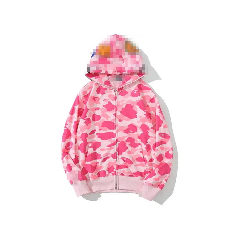 A Bathing Ape Brand - Camouflage Bape Embroidered Shark-Mouth Hoodie Zip Up