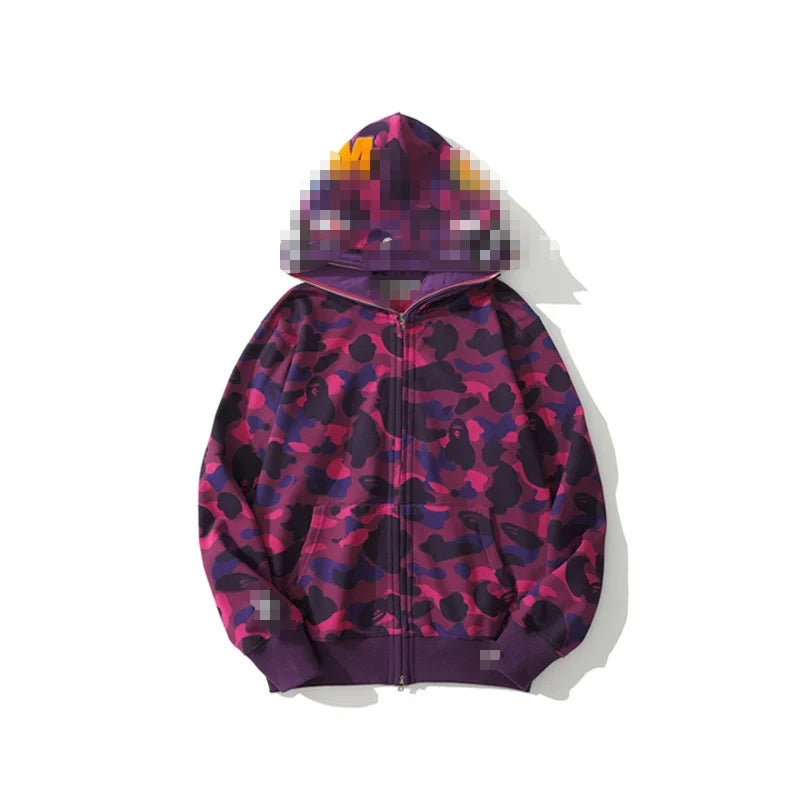 A Bathing Ape Brand - Camouflage Bape Embroidered Shark-Mouth Hoodie Zip Up
