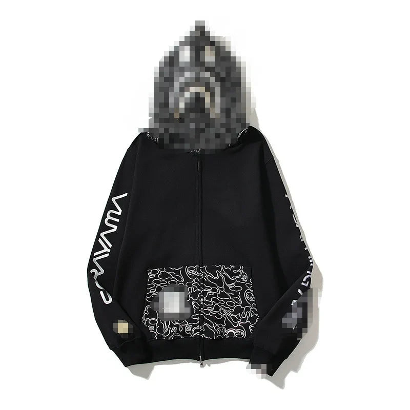 A Bathing Ape Brand - Camouflage Bape Embroidered Shark-Mouth Hoodie Zip Up