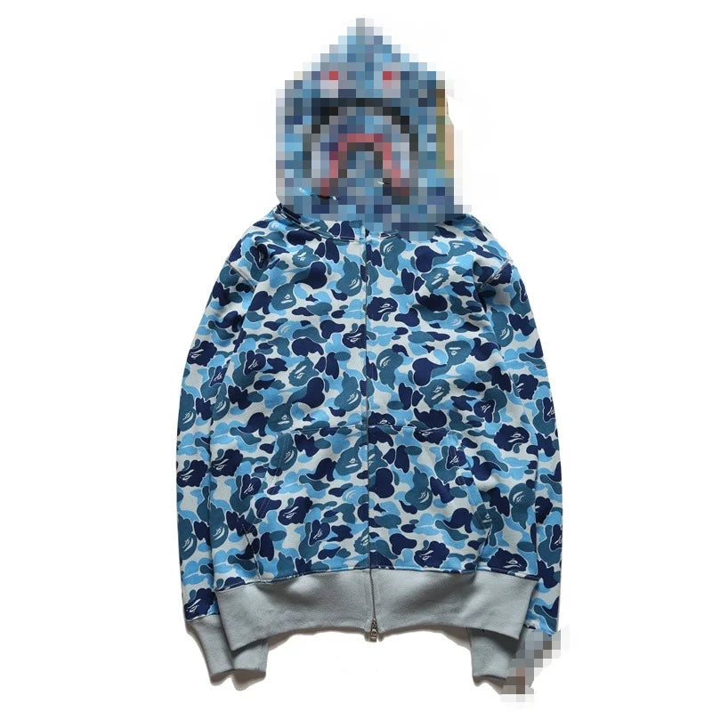 A Bathing Ape Brand - Camouflage Bape Embroidered Shark-Mouth Hoodie Zip Up