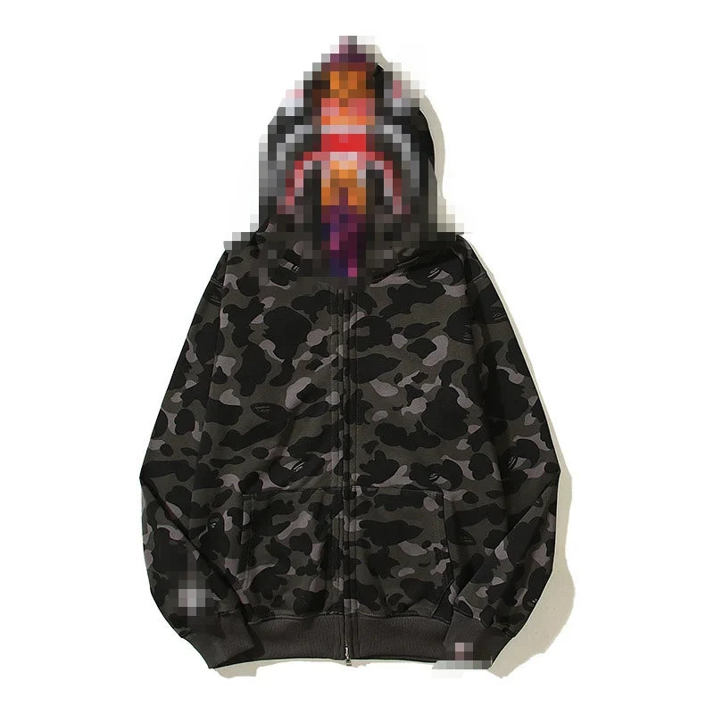 A Bathing Ape Brand - Camouflage Bape Embroidered Shark-Mouth Hoodie Zip Up
