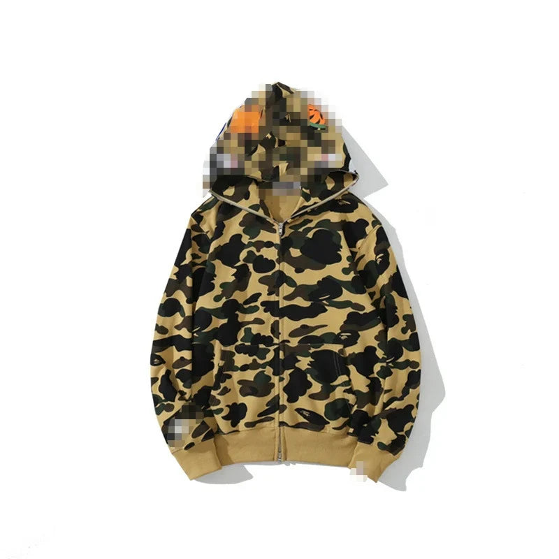 A Bathing Ape Brand - Camouflage Bape Embroidered Shark-Mouth Hoodie Zip Up