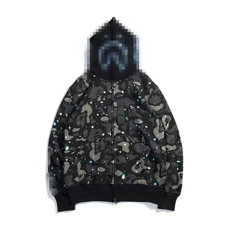 A Bathing Ape Brand - Camouflage Bape Embroidered Shark-Mouth Hoodie Zip Up