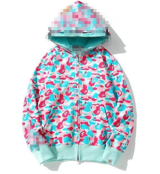 A Bathing Ape Brand - Camouflage Bape Embroidered Shark-Mouth Hoodie Zip Up