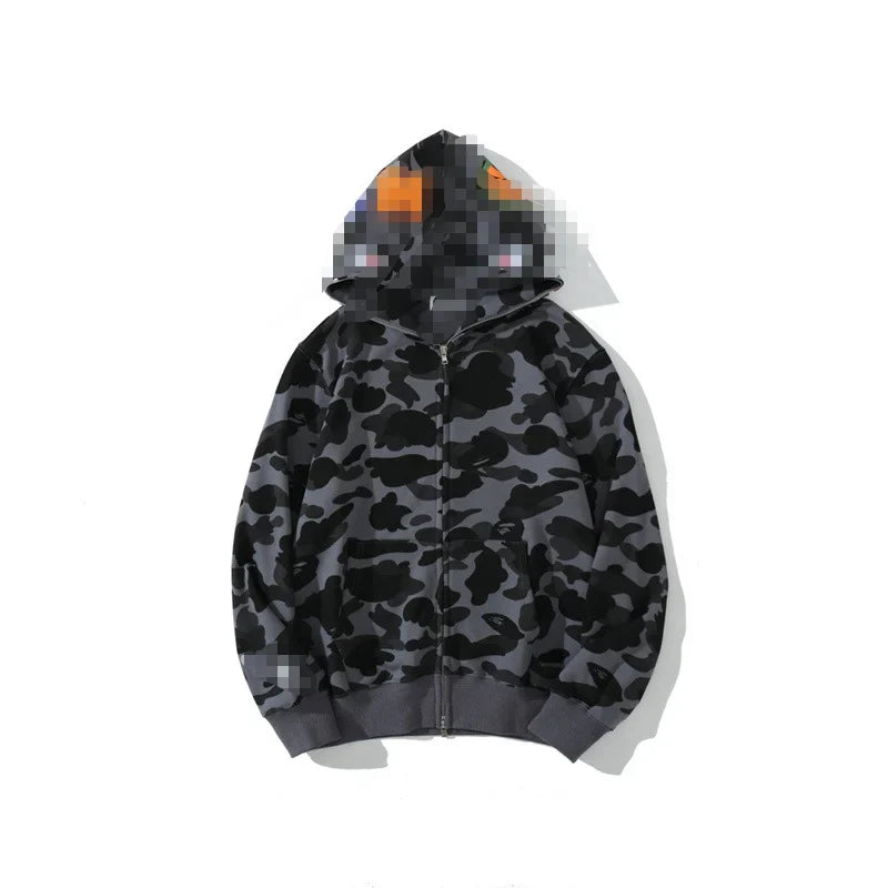 A Bathing Ape Brand - Camouflage Bape Embroidered Shark-Mouth Hoodie Zip Up